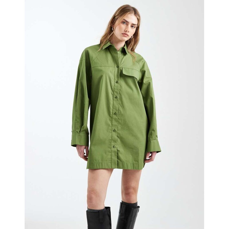 ASOS DESIGN long sleeve mini shirt dress with front pockets in olive-Orange