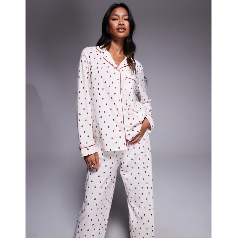 Boux Avenue fleece long sleeve & trouser PJ set in a bag in heart 111074308