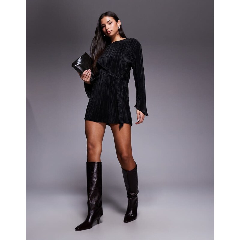 ASOS DESIGN plisse tie detail mini dress in black