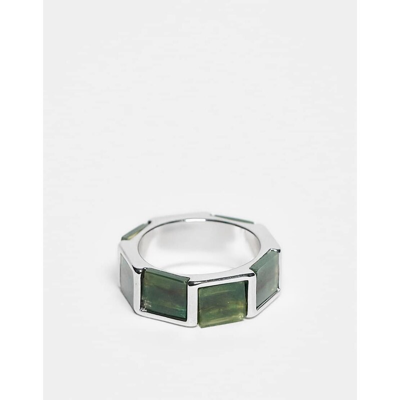 ASOS DESIGN square faux moss agate ring in silver