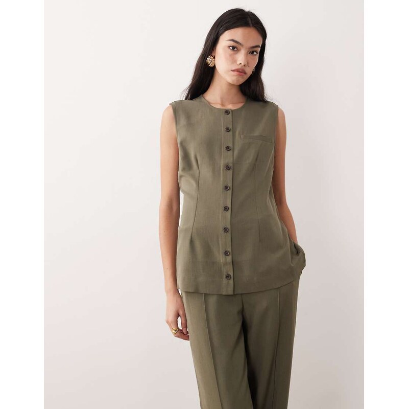 AWARE tailored longline o-neck waistcoat co-ord in green