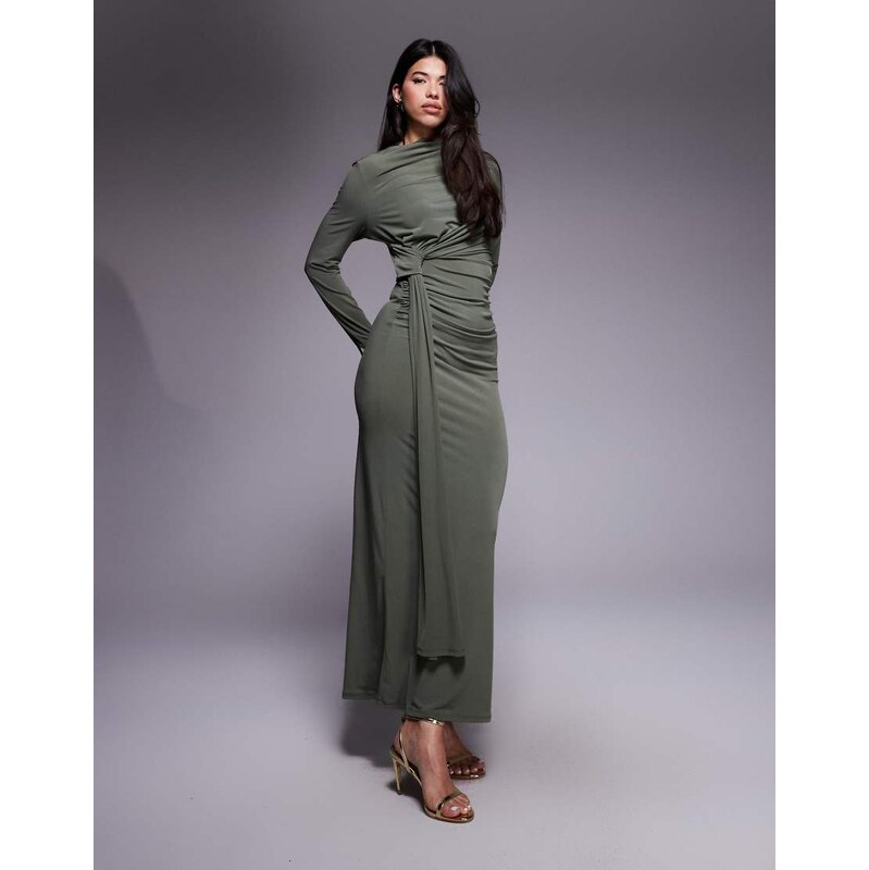 Daska slinky high neck tie detail maxi dress in khaki-Green