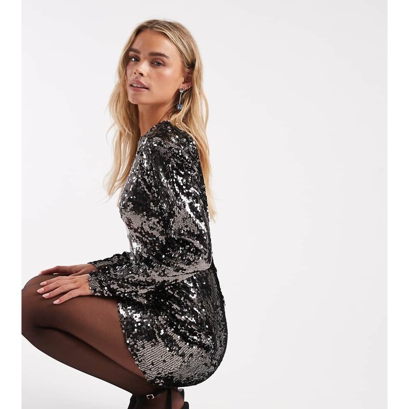 ONLY Petite open back long sleeve sequin mini dress in gunmetal