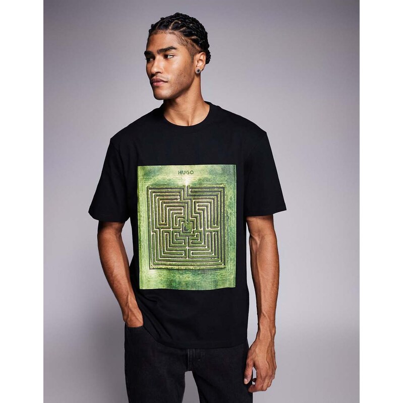 HUGO RED Dabryntee maze print relaxed fit t-shirt in black