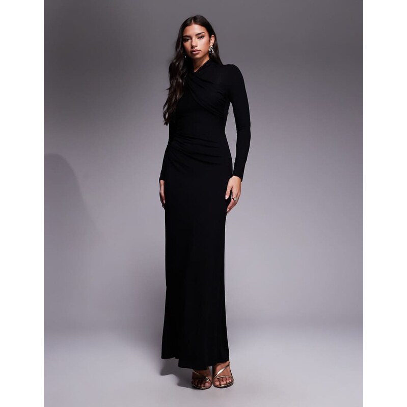 ASOS DESIGN long sleeve high neck drape maxi dress in black