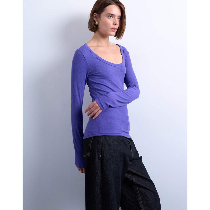 Topshop premium rib long sleeve wide scoop neck top in purple