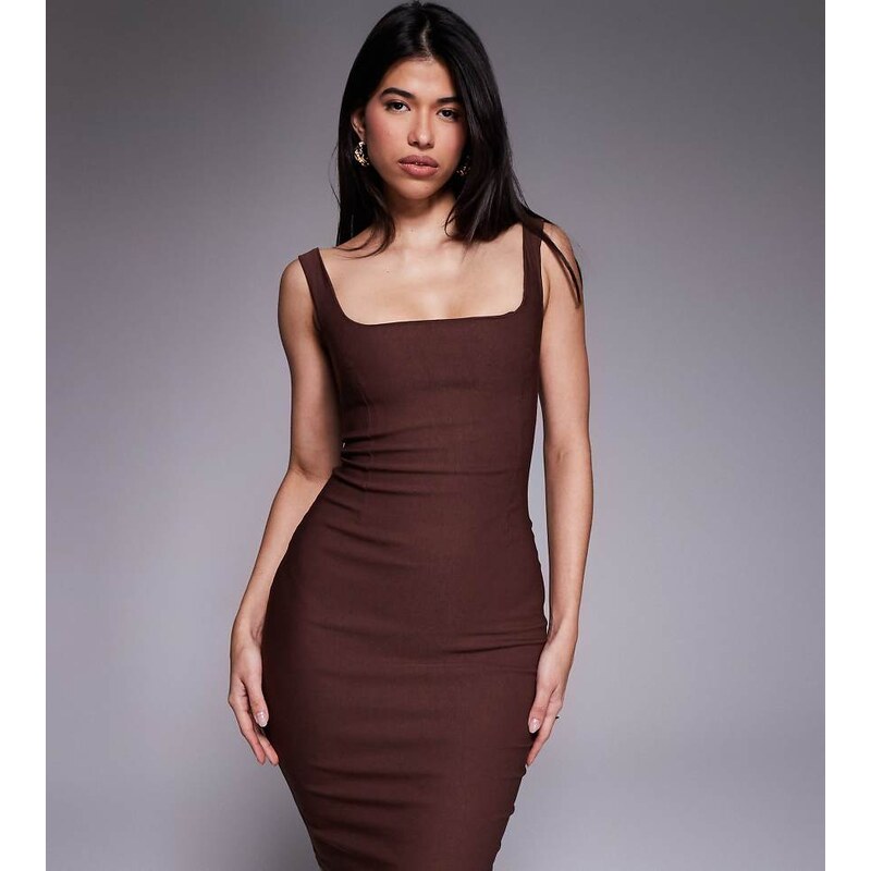 Vesper bengaline square neck bodycon midi dress in chocolate-Brown 115518482