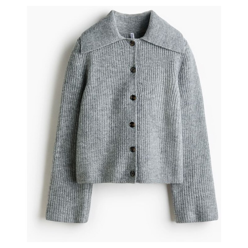 H&M - Žebrovaný propínací svetrs límečkem - šedá 110991255
