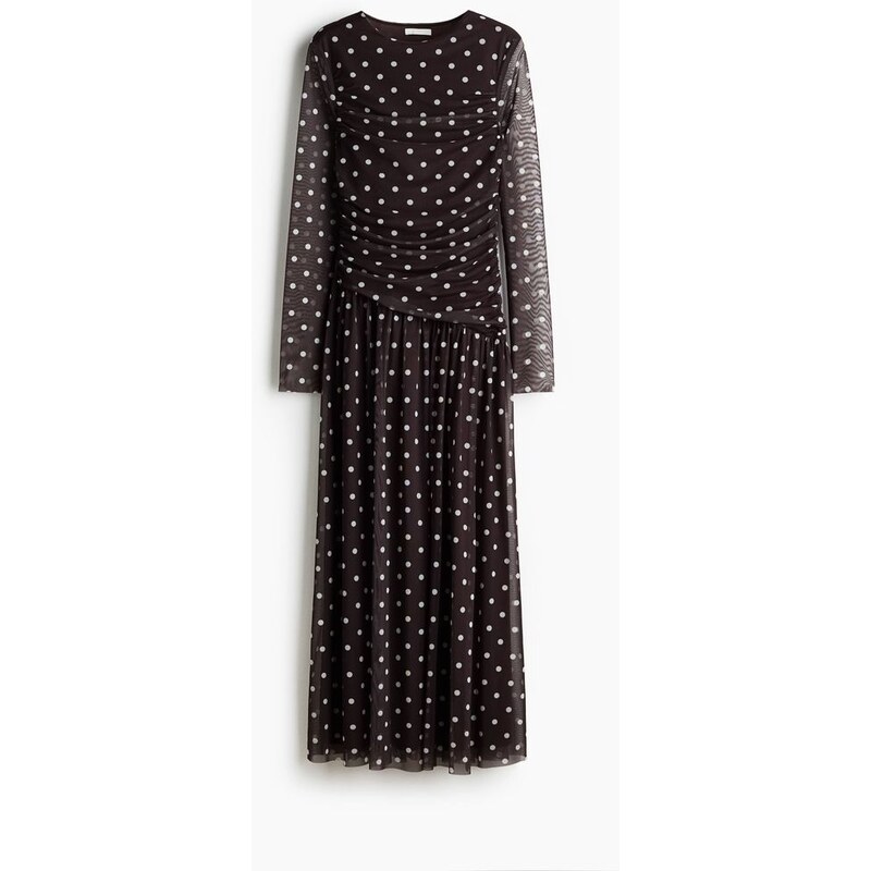 H&M - Řasené šaty zesíťoviny - Tmavě Hnědá/Puntíky