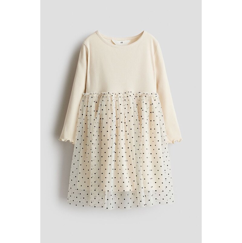 H&M - Tylové šaty - Světle Béžová/Puntíky
