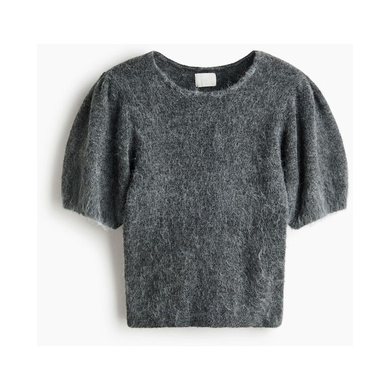 H&M - Pletený tops nabíranými rukávy - Šedý Melír
