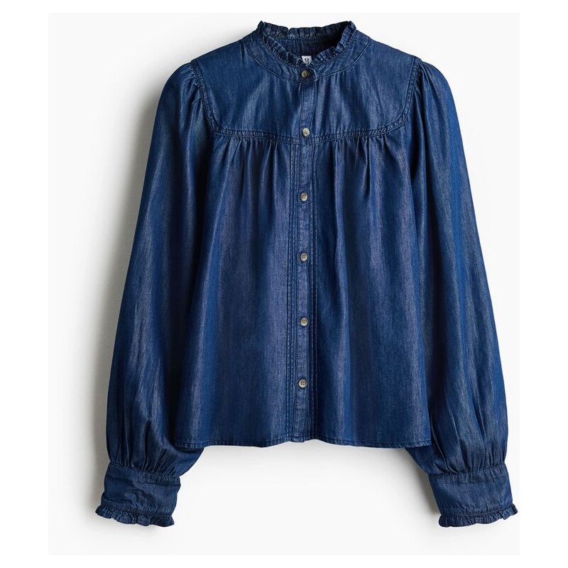 H&M - Džínová halenkas volánkovými lemy - Tmavý Denim Blue