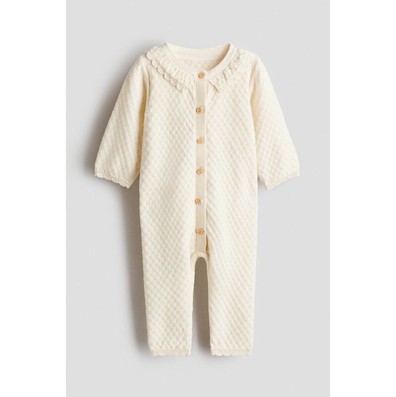 H&M - Vzorovaně pletený bavlněný overal - Krémová