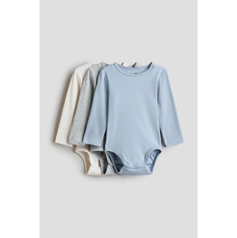 H&M - Žebrované body 3 kusy - Bleděmodrá/Světle Šedá