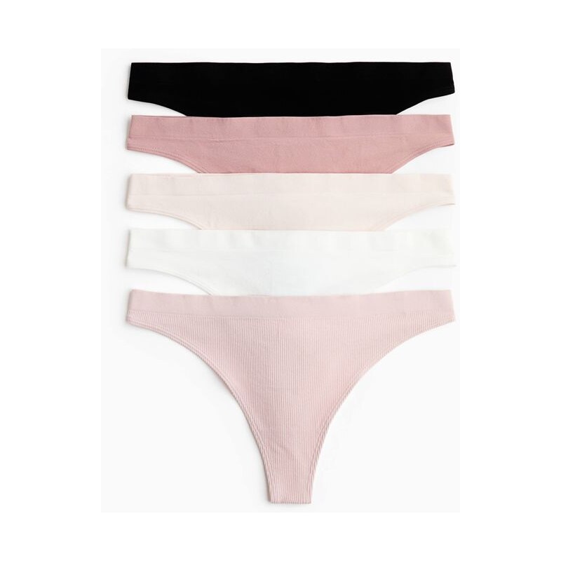 H&M - Bezešvé kalhotky thong 5 kusů - Světle Růžová/Bílá