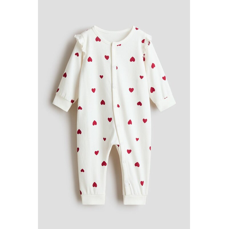 H&M - Vzorovaný pyžamový overal - Bílá/Srdíčka