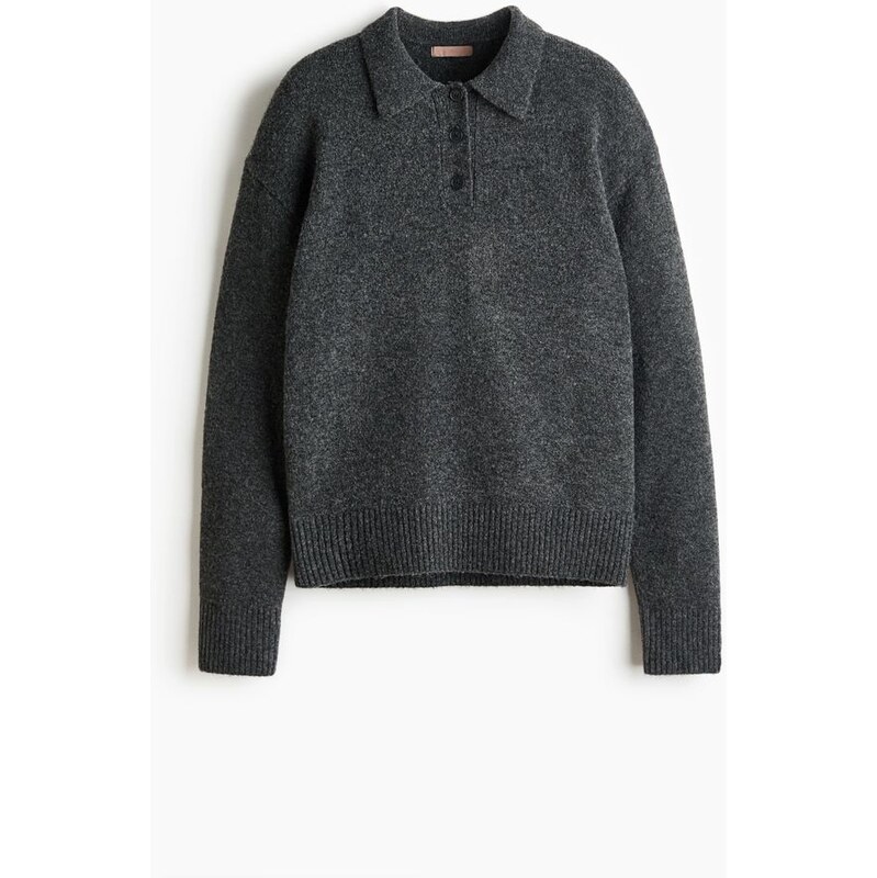 H&M - Svetrs copánkovým vzorem as límečkem - Tmavě Šedý Melír