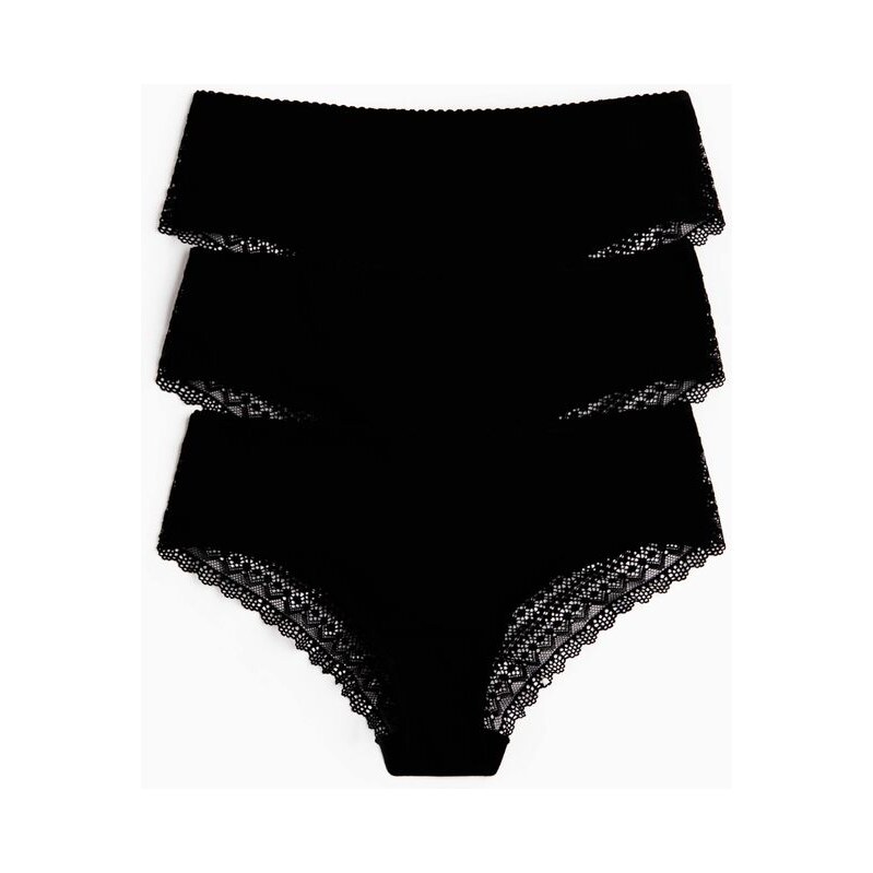 H&M - Kalhotky hipster z bavlny a krajky 3 kusy - Černá