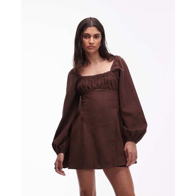 ASOS DESIGN square neck cord skater mini dress in chocolate