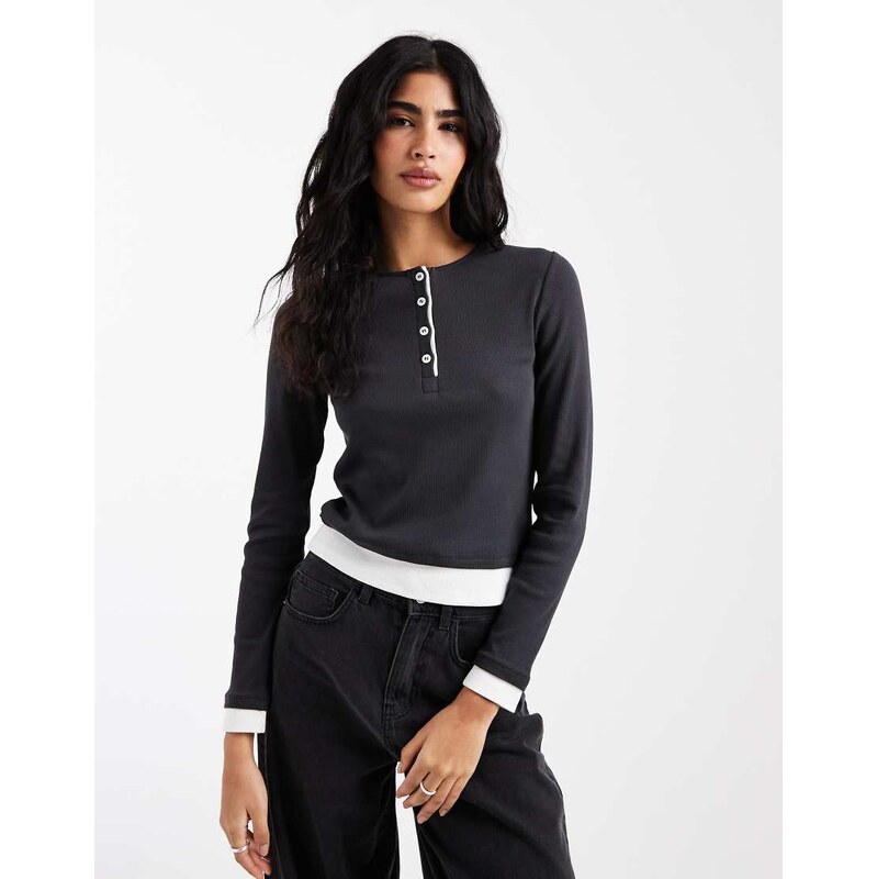 ASOS DESIGN double layer contrast button through top in navy 113263861