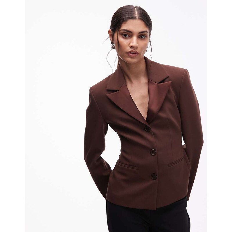 ASOS DESIGN neat fit contrast lapel blazer in chocolate brown 111037862