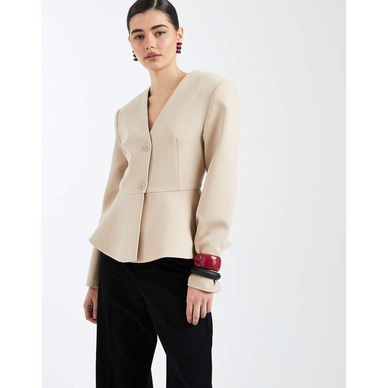 ASOS DESIGN peplum plunge blazer in camel-Neutral 111037865