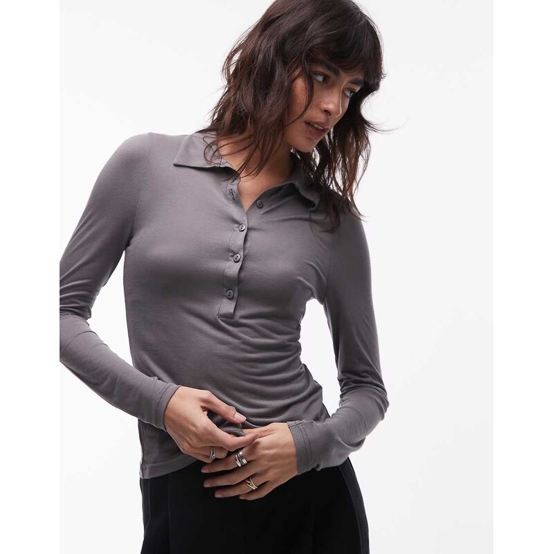 ASOS DESIGN soft semi sheer long sleeve polo shirt in charcoal
