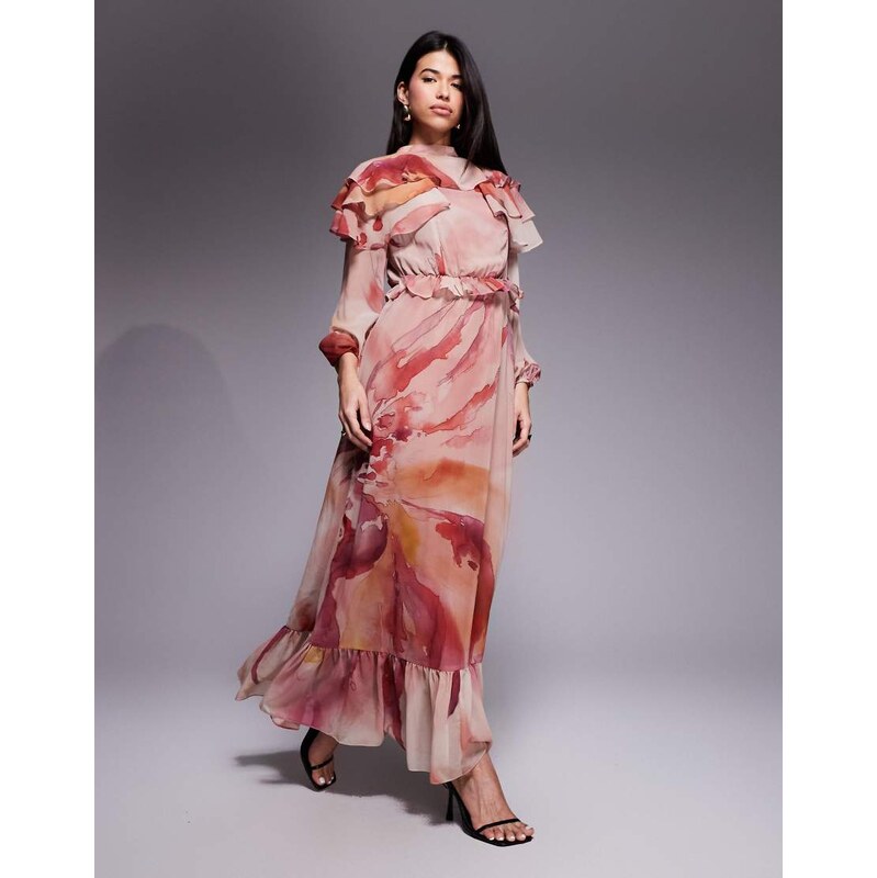 Daska chiffon ruffle caped maxi dress in pink abstract print-Multi 111019380