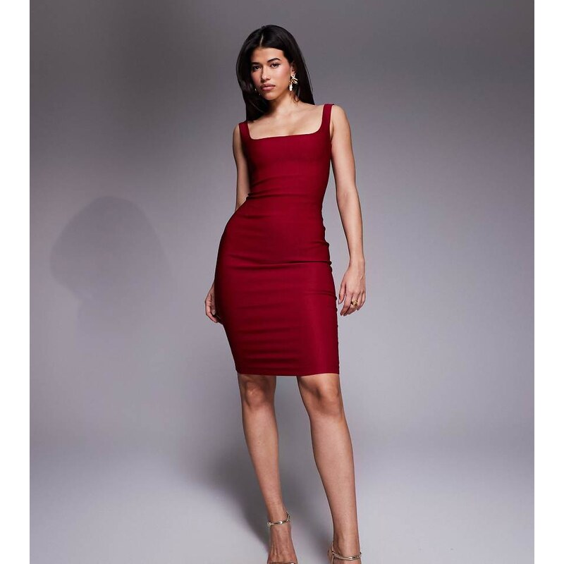 Vesper bengaline square neck bodycon midi dress in wine-Red 115518483