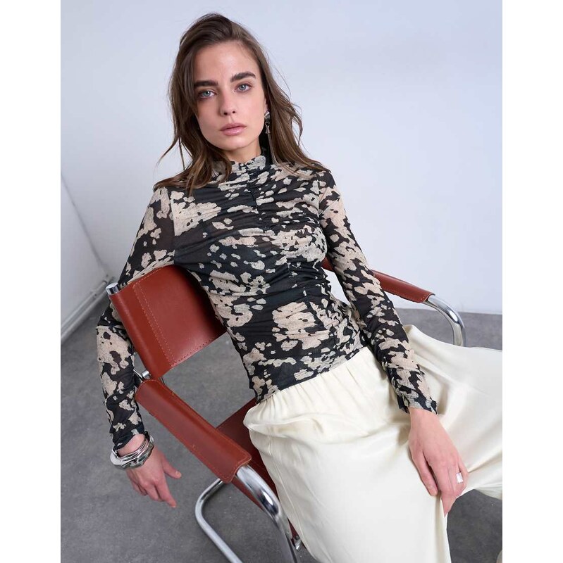 Topshop animal mono spot print ruched long sleeve top in black