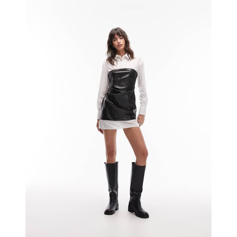 ASOS DESIGN 2 in 1 shirt faux leather bandeau mini dress in black 111019435