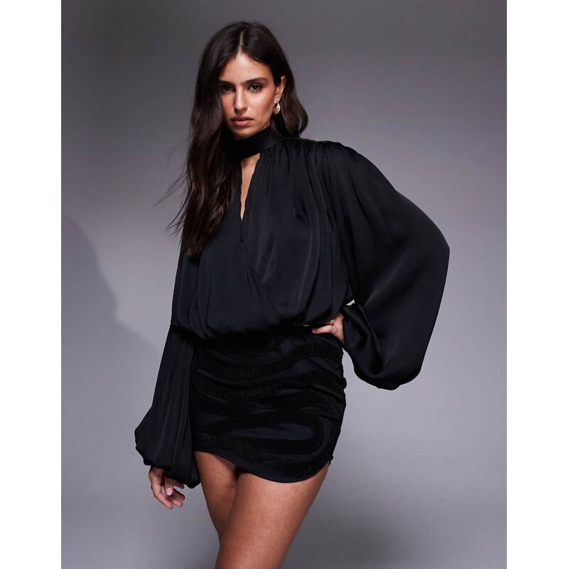 ASOS DESIGN long sleeve blouson plunge mini dress with