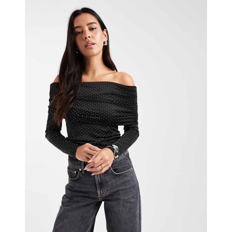 Miss Selfridge hot fix bardot top in black 115513370