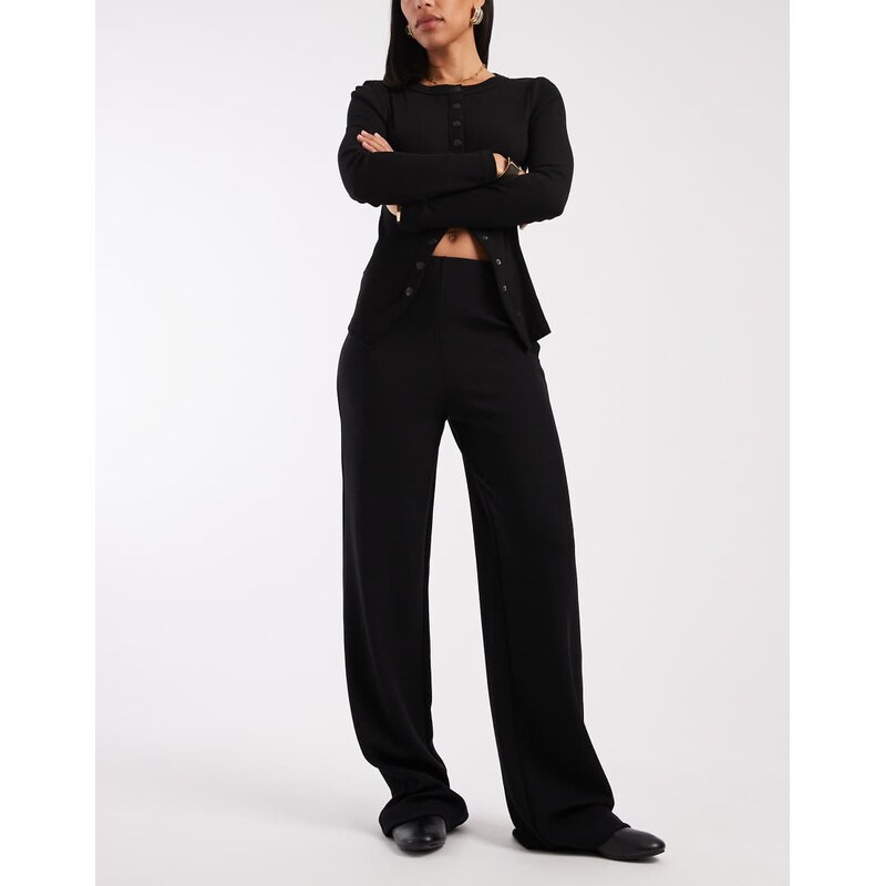 ASOS DESIGN wide leg heavyweight rib trouser in black