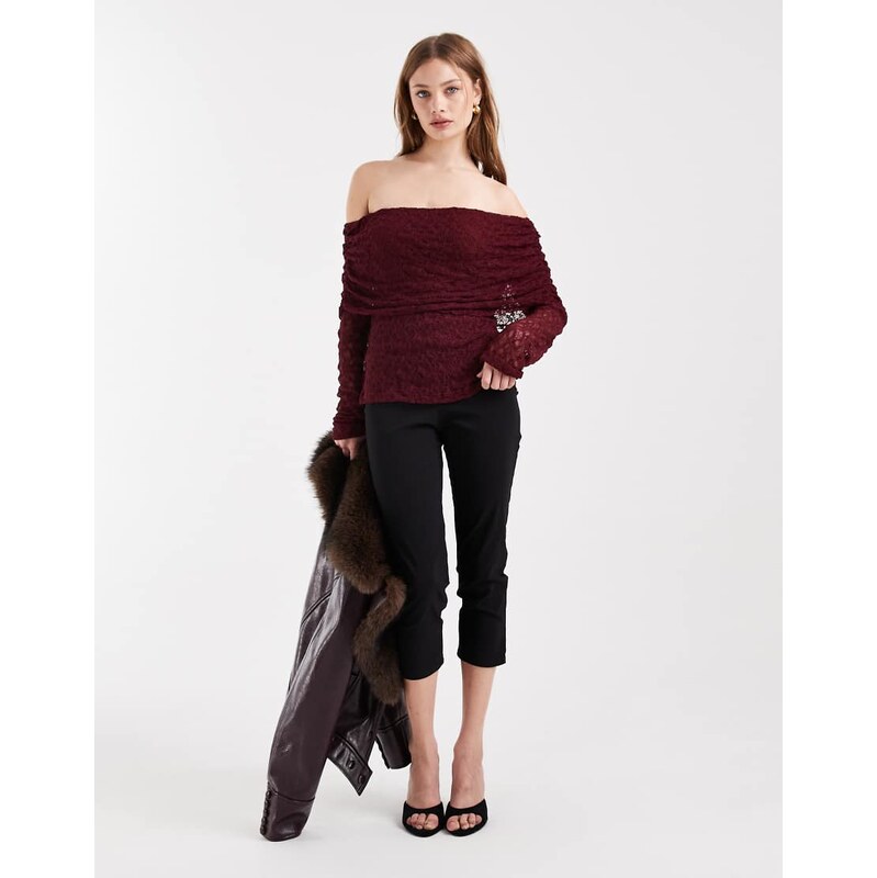 ASOS DESIGN lace fold over off shoulder top in burgundy-Black