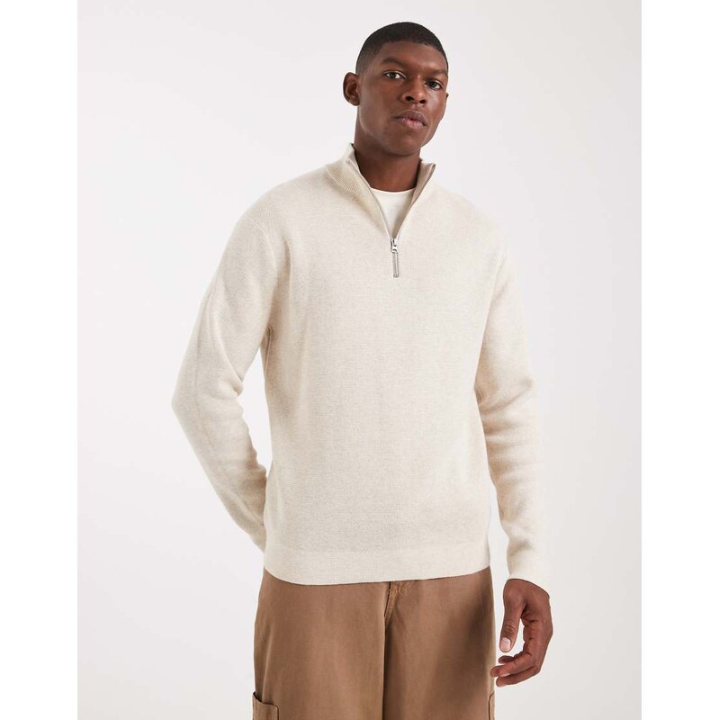 ONLY & SONS half zip knitted jumper in cream-White