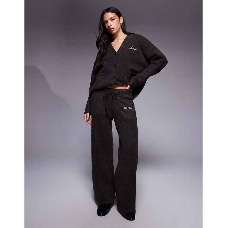 Kaiia knitted embroidered logo wide leg trouser co-ord in brown