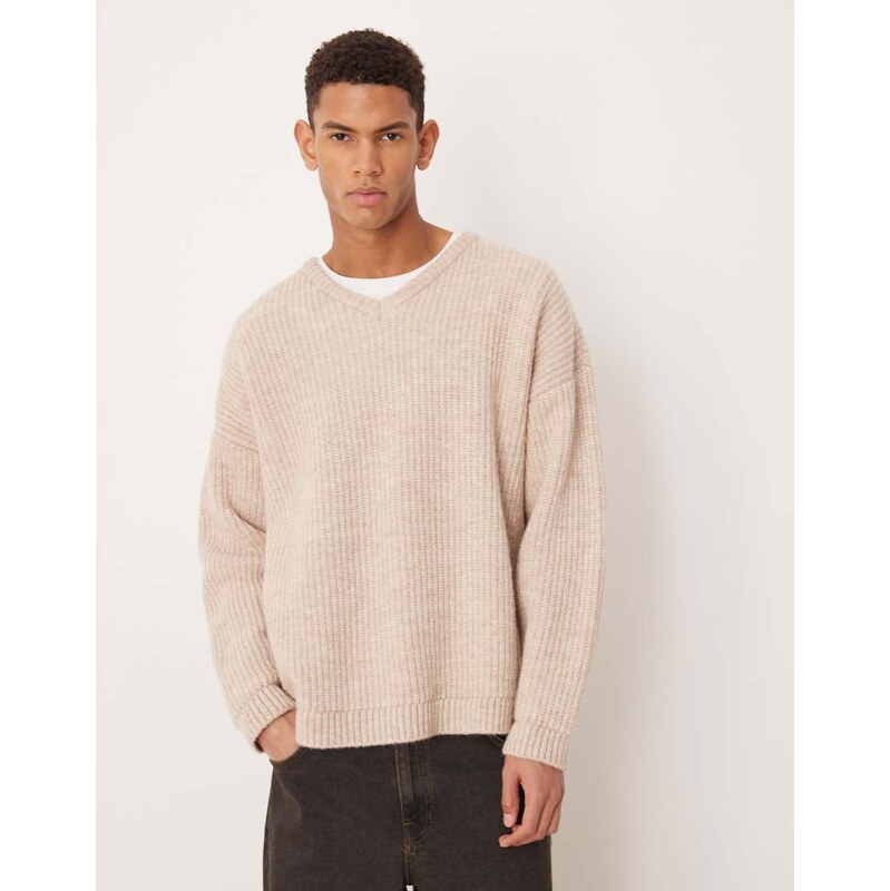 ASOS DESIGN oversized knitted rib v-neck jumper in ecru-White