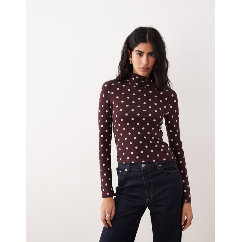 ASOS DESIGN funnel neck long sleeve top in brown polka dot print