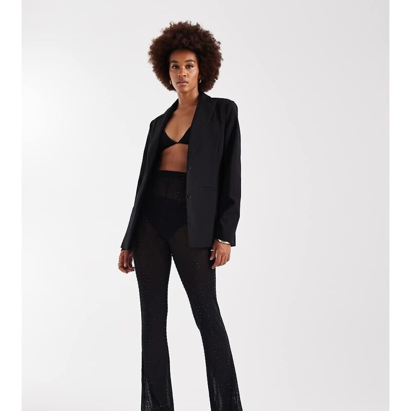 ASOS Tall ASOS DESIGN Tall embellished mesh flared trouser-Black 111021577