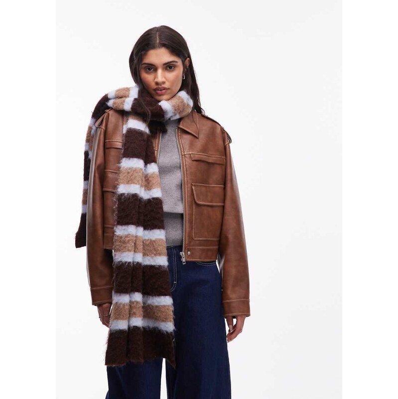 ASOS DESIGN fluffy knit scarf with wool in brown stripe-Multi 111021669