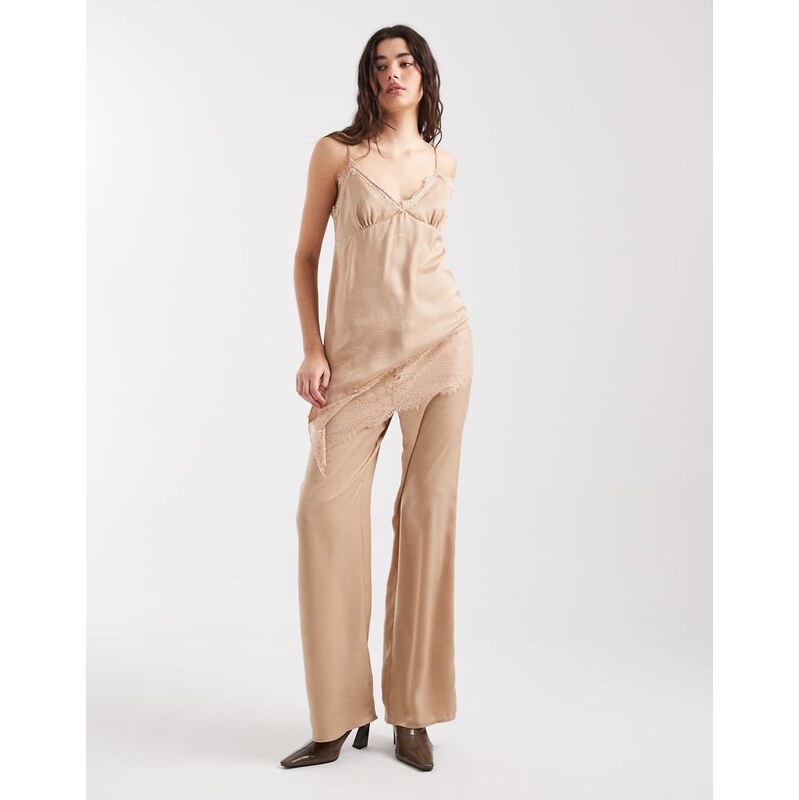 ASOS DESIGN crinkle satin wide leg pull on trouser in beige