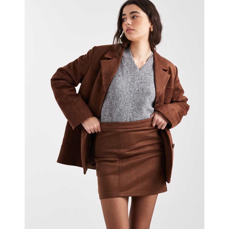 Pieces faux suede mini skirt co-ord in mid brown-Neutral 111021707