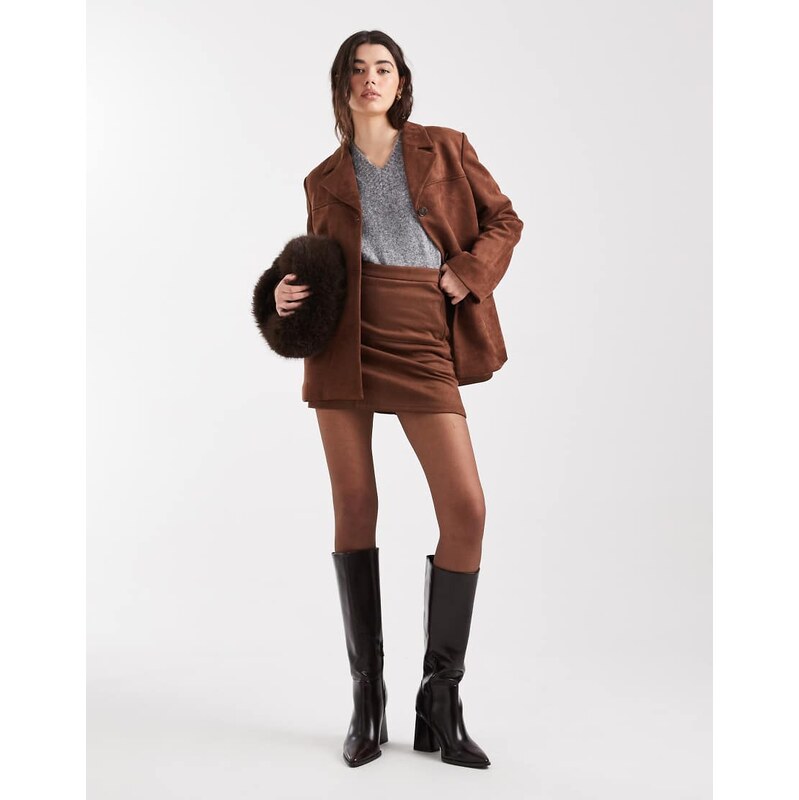 Pieces faux suede blazer co-ord in mid brown-Neutral