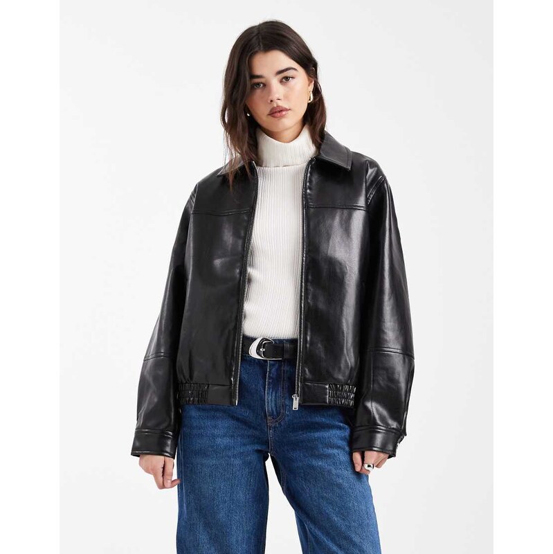 Vero Moda slouchy faux leather bomber jacket in black