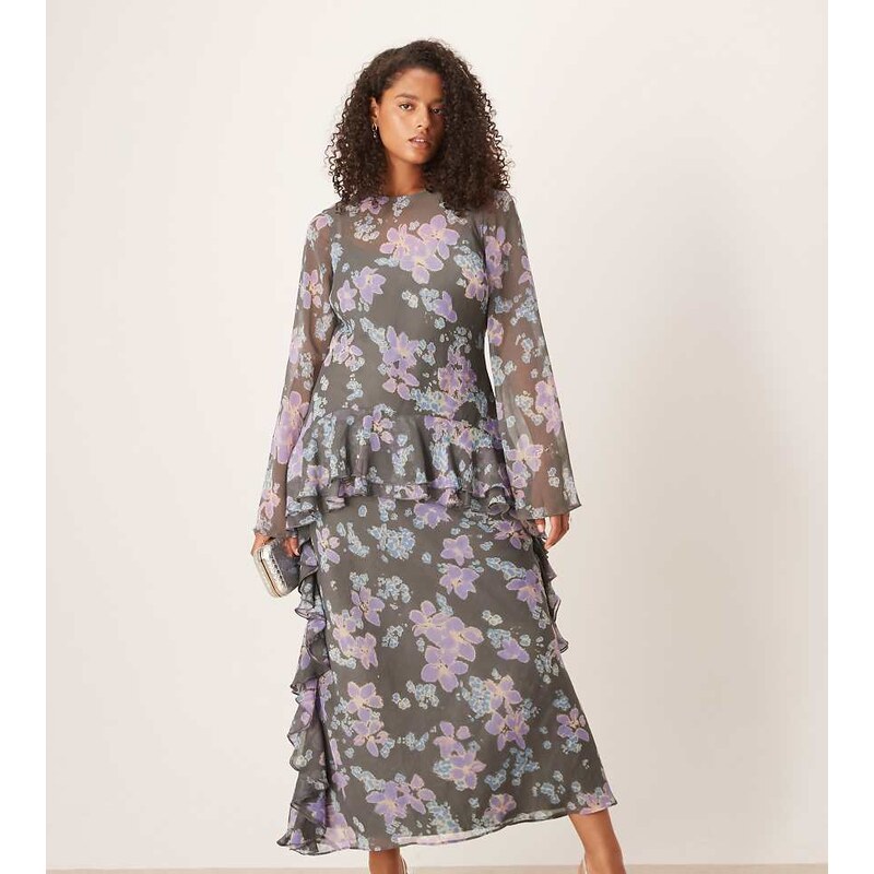 ASOS Curve ASOS DESIGN Curve long sleeve frill hem chiffon maxi dress 112655436
