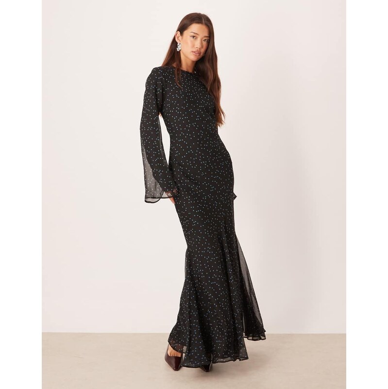 ASOS DESIGN flare sleeve maxi dress in blue spot print-Multi