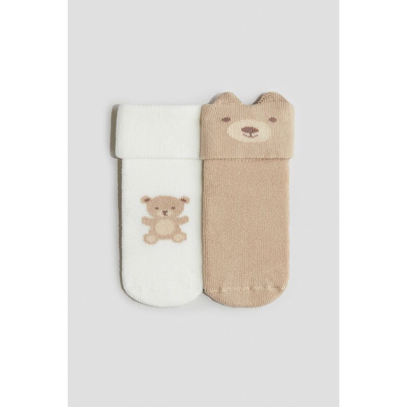 H&M - Froté ponožky 2 páry - Světle Béžová/Medvídek