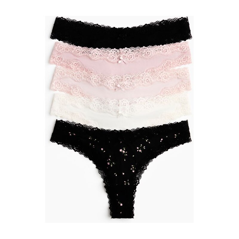 H&M - Kalhotky brazilian z mikrovlákna a krajky 5 kusů - černá 110991889