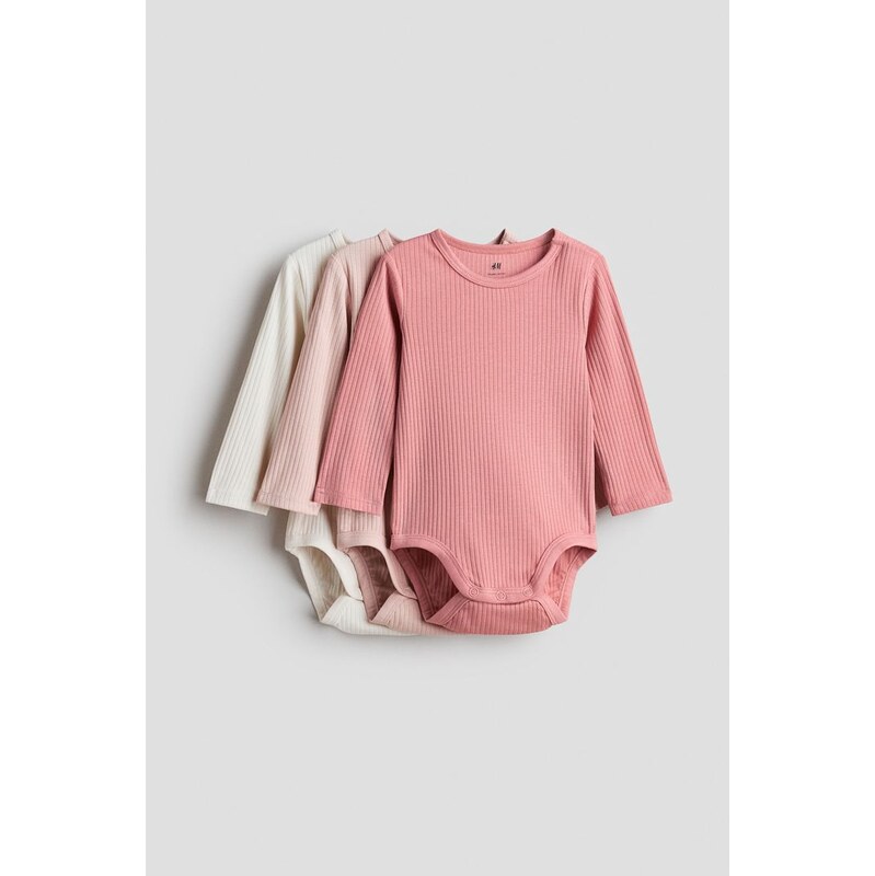 H&M - Žebrované body 3 kusy - Růžová/Krémová